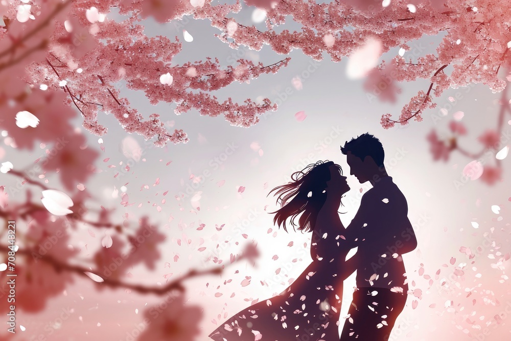 Obraz premium A young couple sharing a spontaneous dance under cherry blossoms, with petals gently swirling around them in the soft spring breeze, creating a scene straight out of a romance movie