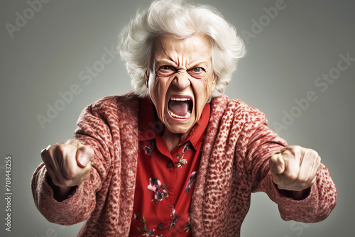 Elderly woman grandmother screams in angry anger, aggressively disappointed, white background isolate. photo