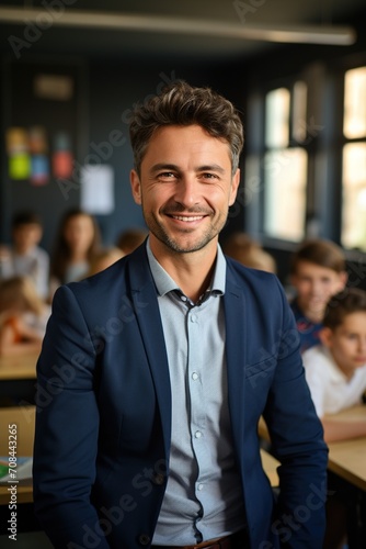 Confident male teacher in classroom of students