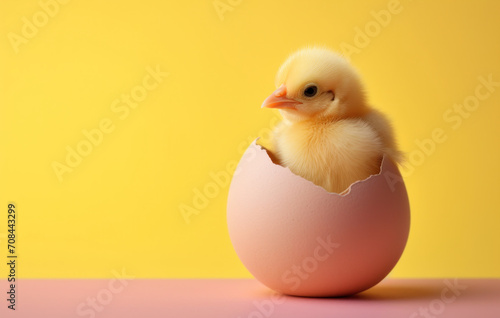 New life emerges: a fluffy chick peers out from a cracked egg against a vibrant yellow backdrop, symbolizing Easter's joy