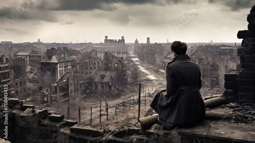 A solitary figure reflects amidst the desolation of a war-torn cityscape, a poignant reminder of peace's fragility