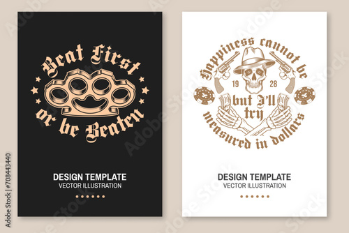 Classic gangster banner, poster design. Vector illustration. Vintage monochrome label, sticker, patch with knuckle duster, skeleton hand holding dollar banknote, revolver and skull silhouette.