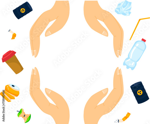 Recycling and waste segregation concept showing hands sorting trash items. Environmental protection and reduce pollution vector illustration.