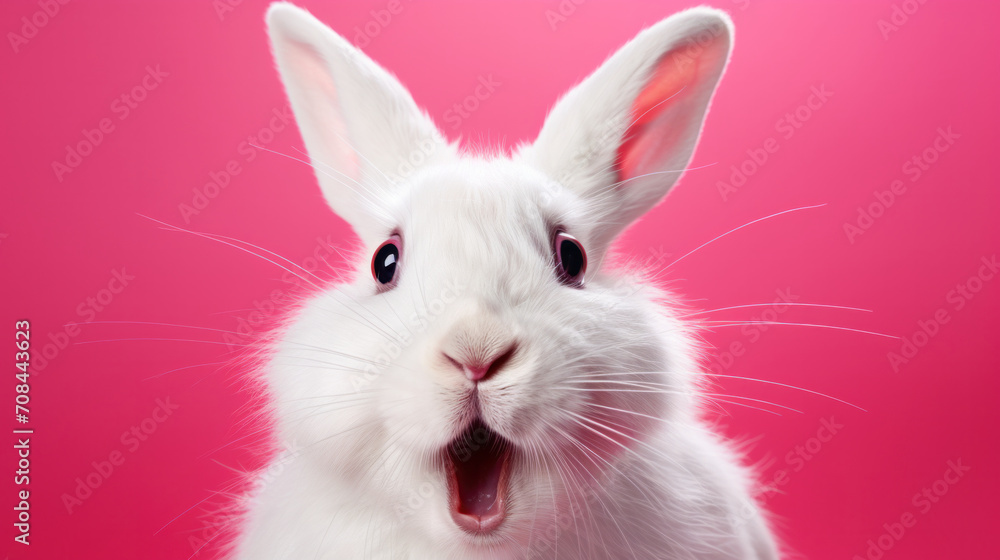 Obraz premium A white rabbit against a vibrant pink backdrop exudes whimsy and joy, perfectly capturing the essence of Easter