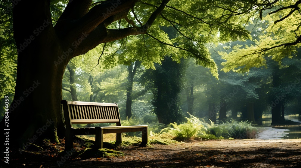 wooden bench in the park in a smoky weather