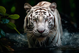 White Bengal tiger close-up walking on water, portrait