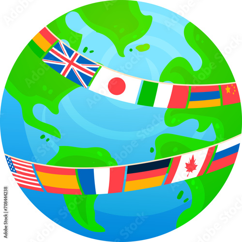 Globe with international flags, world unity concept. Global cooperation and diversity, Earth globe with flags vector illustration.
