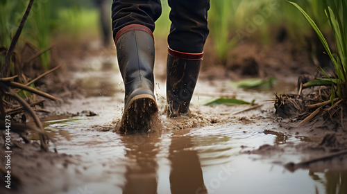 A farmer in rubber boots walking in the mud on a flooded plantation after a heavy rain storm photo