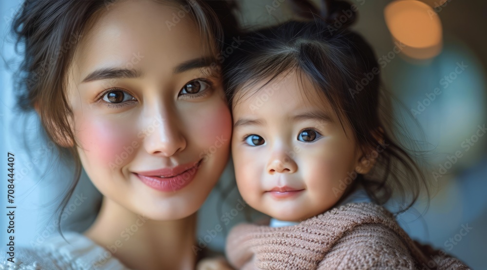 Asian mother and child, smiling and embracing Asian mother and child, smiling and embracing