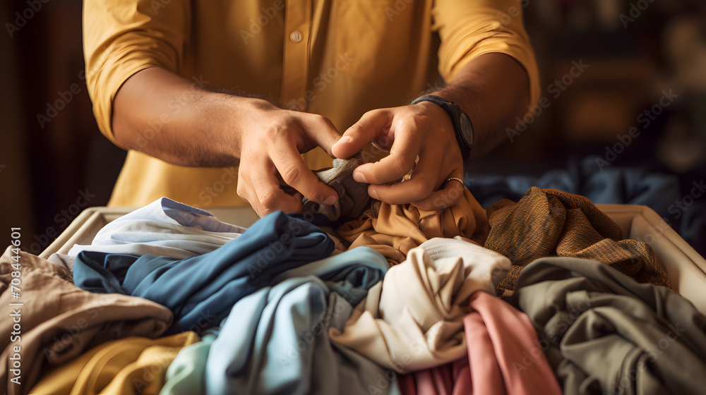 Close up of hands of a man organizing clothes in diverse charitable foundation