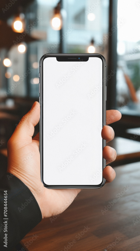 Mockup of a hand holding smartphone with blank white screen in cafe Mockup of a hand holding smartphone with blank white screen in cafe