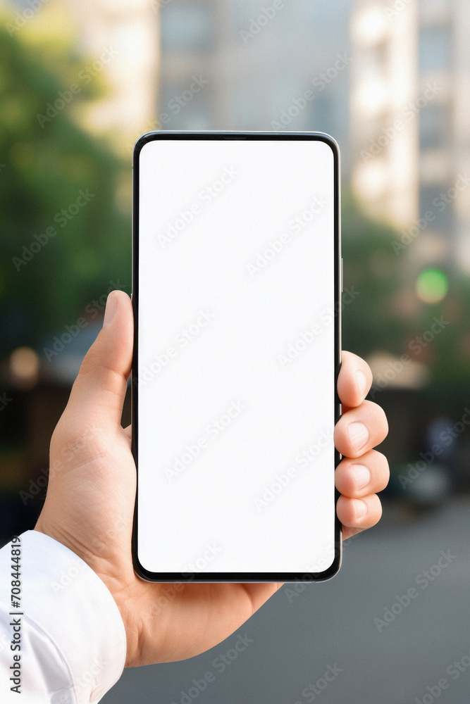 Male hand holding smartphone with blank screen on blurred background, mockup