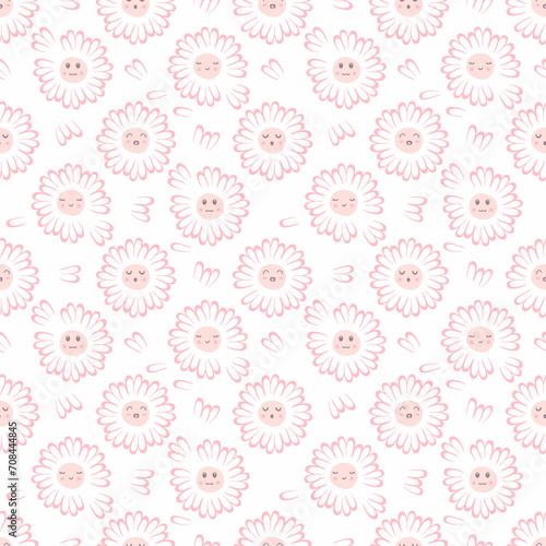 Daisy flowers childish seamless pattern with cartoon cute faces. Floral characters print with emotions. Kids illustration for decor and design.