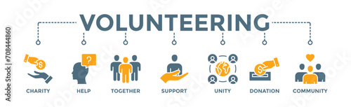 Volunteering banner web icon vector illustration concept for volunteer aid assistant with icon of charity, help, together, support, unity, donation, and community
