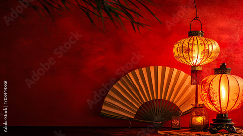 Chinese New Year red background with lanterns. 