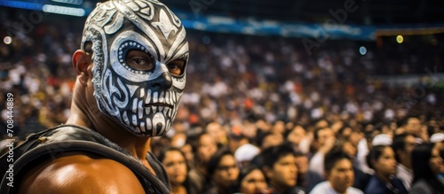 Mexican fighter wearing a silver wrestling mask poses in a stadium with spectators [Image]. photo