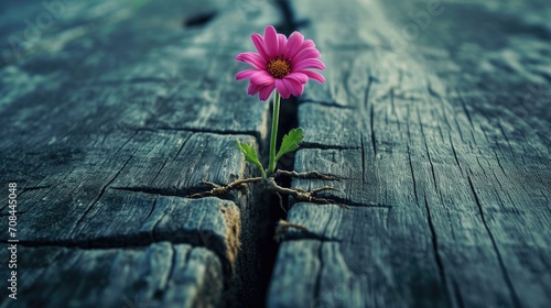 Flower growing roots through wood crack