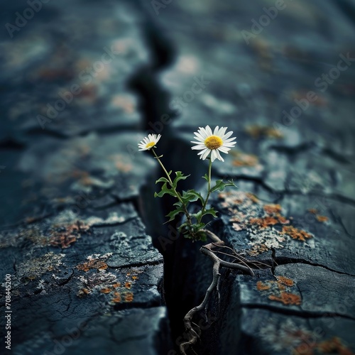 Flower's roots sprout through a wood crack. © BrandwayArt