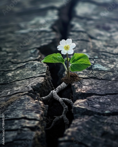 Flower's roots sprout through a wood crack.