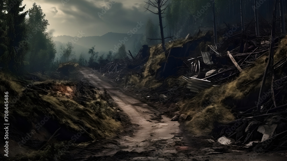 Fototapeta premium Village landslide on the road, natural disaster