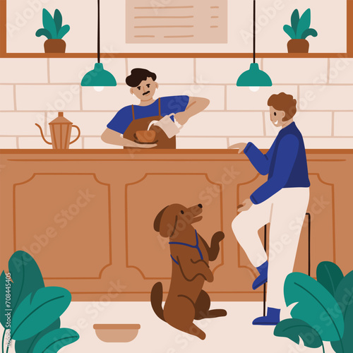 Woman enjoys a coffe with her adorable puppy in a pet-friendly cafe. Flat vector illustration capturing the cozy atmosphere and delightful companionship in the cafe interior.