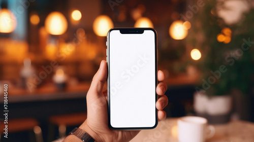 Male hand holds a phone with a white screen in a cafe .