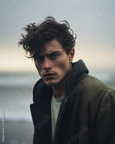 Broody young man on beach