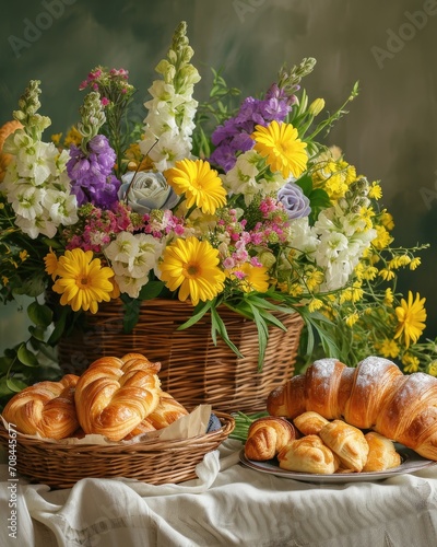 Flowers bouquets with pastries on table