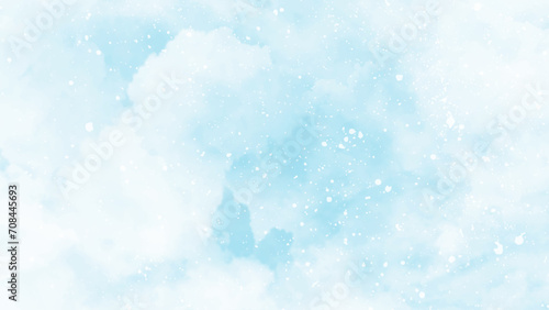 Abstract blue winter watercolor background. Sky pattern with snow. Light blue watercolour paper texture background. Vector water color design illustration
