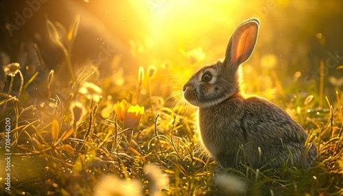Rabbits frolicking in a sunlit meadow their fluffy fur illuminated by the warm golden glow