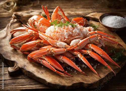 Delicious snow crab leg clusters on wooden table photo