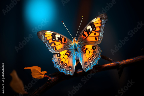 Ein bunter Schmetterling auf einem trockenen Ast, dunkler Hintergrund 