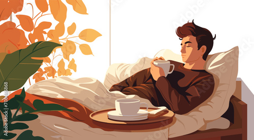 person in bed drinking coffee vector flat isolated illustration