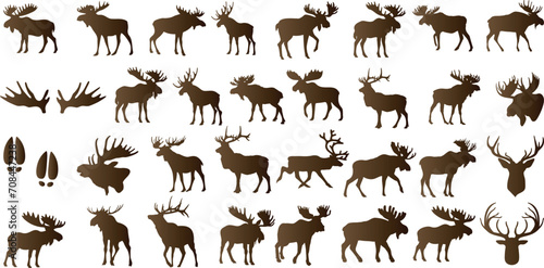 Majestic moose silhouettes, moose vector illustrations, wildlife, nature. Various poses, standing, walking, showcasing antlers. Perfect for nature themes, wildlife conservation efforts