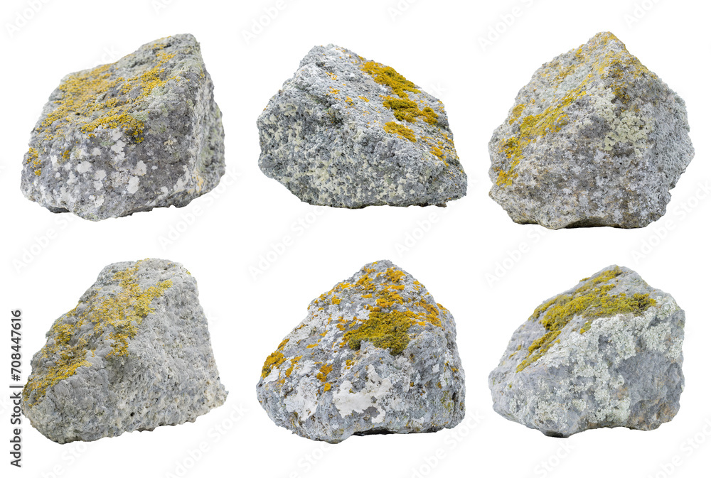 Set of grey rocks covered by lichen. Isolated on white or transparent background png. Set of grey rocks covered by lichen. Isolated on white or transparent background png.