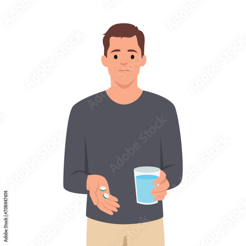 Man taking medicine for illness treatment. Male take vitamin or supplement capsule pill with water. Flat vector illustration isolated on white background