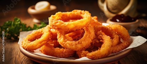 Onion rings, homemade and deep-fried, selectively focused on the plate.