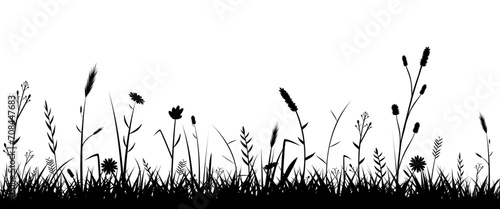 Meadow silhouette with grass and wild flowers in black on transparent background 