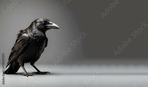 Leinwand Poster A crow with a black beak sits on grey background, generative ai