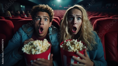 Scared young couple watching a horror movie and screaming at the cinema