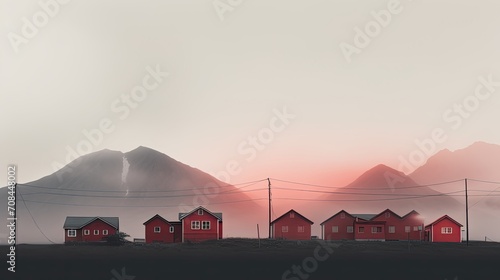 photo three red houses hazy mountains