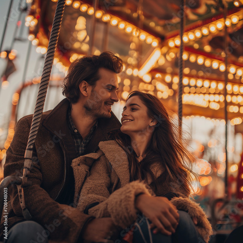 Young couple enjoying in funfair valentines day