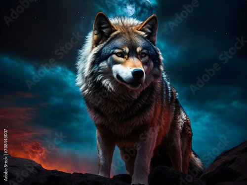 Portrait of big scary wolf howling on moon at night, animals and wildlife wallpaper, background