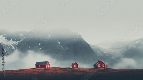 photo three red houses hazy mountains