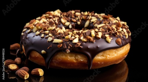 Chocolate donut with small pieces of peanuts on black background