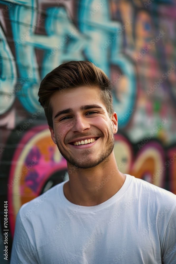 Handsome young smiling man grafitti background Handsome young smiling man grafitti background