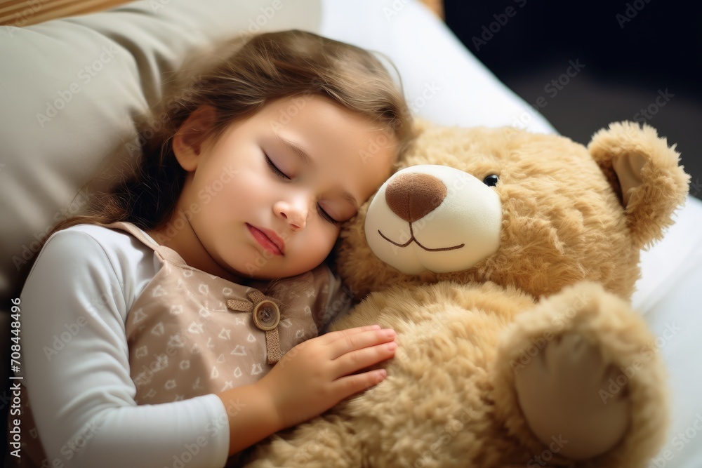 A little girl sleeping in the arms of a huge teddy bear. A little girl sleeping in the arms of a huge teddy bear.