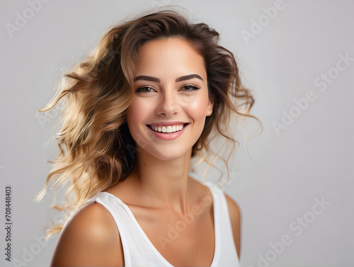 Portrait of a beautiful smiling woman with perfect smooth skin. Concept of natural beauty