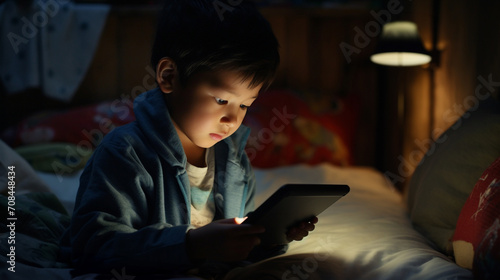Asian kid using ipad tablet at night in the dark screen time 01 photo