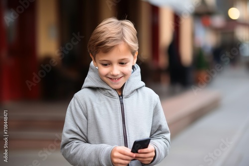 A happy young boy with his smartphone. photo